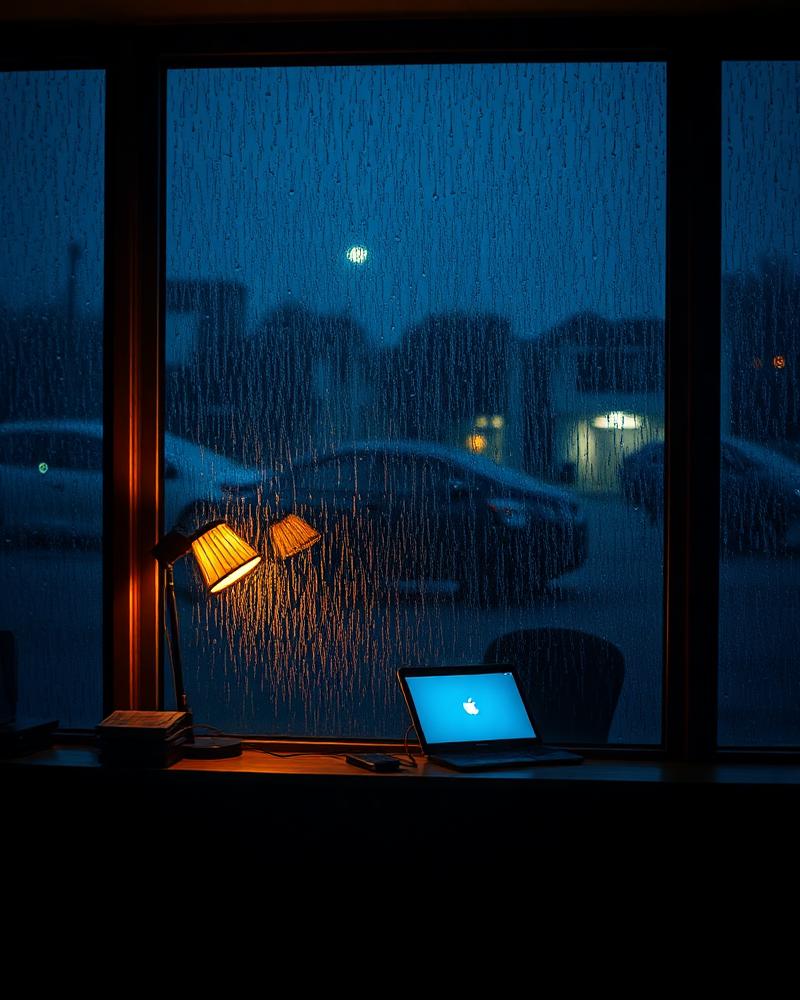 Rain on an office window at night, a single desk lamp and laptop glowing.